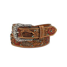 Featuring a genuine leather strap with calf hair underlay, this belt is full of Western charm. Floral accents make it distinctly feminine and the removable buckle can be switched out for easy customization. \r\n\r\nGenuine leather with calf hair underlay\r\nRemovable buckle\r\n1 1/2 wide\r\n\r\nFlower/Calf Hair Belt | Women's Flower/Calf Hair Belt in Tan Leather, Size: Large by Ariat Ariat Belts, Western Shop, Flower Belt, Western Belt, Toddler Boots, Branded Belts, Western Belts, Boys Boots, Calf Hair