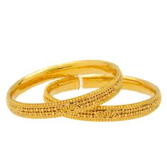 These radiant 22k yellow gold bangles have elaborate filigree details and beaded accents that will add a cultural vibrancy to your traditional, bridal, or casual looks. Features: • 22k yellow gold • Beaded filigree design • Set of six (6) banglesIf you're looking for quality 22k gold bangles then look no further than Virani Jewelers! Our gorgeous bangles have one of a kind details and stunning accents that you'll have to see to believe. Whether you're shopping for jewelry to add to your everyday 22k Gold Bangles, Gold Bangle Set, Yellow Gold Bangle, Gold Bead Necklace, Filigree Design, Gold Bangle, Bangle Set, Design Set, 22k Gold