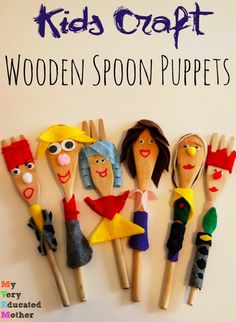 the wooden spoon puppets are made to look like children's faces and hands on sticks