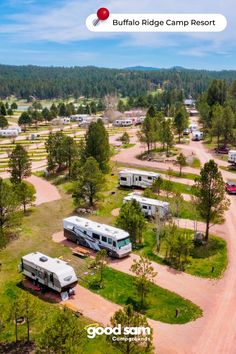 an aerial view of rv parks and campgrounds with the words buffalo ridge camp resort