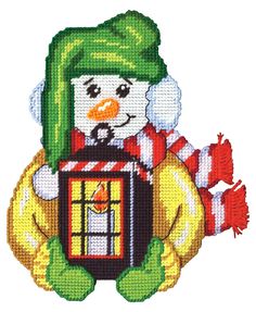 a snowman holding a bird in a cage