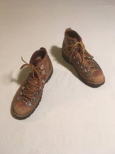 "vintage 1970s hiking boots Danner brown leather aged patina Vibram Kletter Lift sole leather insole good vintage condition w/light wear-see photos marked size 5 M (women's)-see below measures, lying flat, insole-9\" sole-10 1/2\" width-3 5/8\" heel-1 3/4\" total length-6\"" Brown Lace-up Hiking Boots With Vibram Sole, Rustic Leather Hiking Boots, Vintage Lace-up Boots For Outdoor Activities, Rugged Round Toe Boots For Camping, Rugged Leather Boots For Camping, Brown Round Toe Boots For Camping, Camping Boots With Vibram Sole And Round Toe, Brown Leather Sole Hiking Boots, Leather Hiking Boots With Vibram Sole For Camping