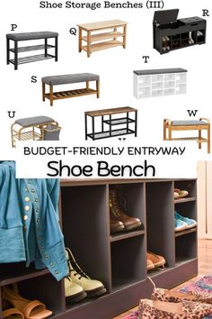 the shoe bench is shown with different types of shoes