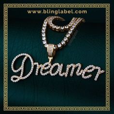 How cute is this "Dreamer" necklace? Name jewelry makes great birthday, graduation, anniversary or wedding gifts for your best friends, family, or loved ones! Bling Label specialises in custom necklace names, naming jewelry, mens fashion jewelry, womens jewelry, custom jewelry, and gold chains in the hip hop rap scene. #blingbling Customized Meaningful Gold Jewelry, Spiritual Gold Custom Name Necklace, Inspirational Personalized Gold Jewelry, Gold Custom Name Necklace, Custom Name Gold Spiritual Jewelry, Custom Name Spiritual Gold Jewelry, Customized Gold Infinity Jewelry, Meaningful Gold Jewelry For Promise, Meaningful Gold Promise Jewelry