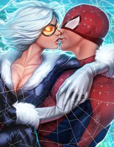 spider - man and woman kissing in front of blue background