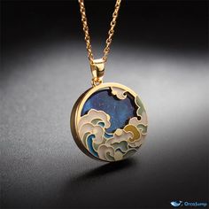 OrcaJump - Elegant Japanese Ukiyo-e Pendant - Exquisitely Crafted in Brass - Adorned with Lava Rock - Available in 6 Striking Colors Nature Inspired Necklaces, Japanese Jewelry, Donut Pendant, Jewellery Design Sketches, Magical Jewelry, Ukiyo E, Lava Rock, Mom Jewelry, Funky Jewelry