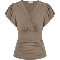 The Stylish Ruched Tops For Women With A Close, But Comfortable Fit With Easy Movement With A Wrap V Neckline, Ruched Front, Short Ruffle Sleeves, Slim Fit, Solid Color, Elegant Wrap Tops Show Your Graceful Curves In Any Occasions. Elegant Women Tops, Vintage Black Ruched Tops, Womens White Tops, Casual Work Shirt, Long Sleeve Blouse, Wrap Blouse, Fashionable Dressy Tops, Summer Womens Tops, Wrap V-Neckline Can Improve The Feminine Charms And Show Your Superb Necklace. This Wrap Tops For Women I Long Sleeve Workout Top, White Top Women, Summer Wraps, Costume Inspo, Casual Summer Tops, Tops Casual, Womens Tops Summer, Wardrobe Ideas, Summer Blouses