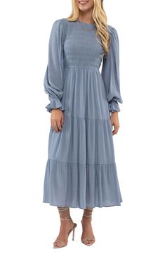 A long-sleeve midi dress offers charming style for any occasion with a smocked bodice, ruffled cuffs and flowy tiered silhouette. 50 1/2" length Back keyhole with button-and-loop closure Crewneck Long sleeves Lined 80% rayon, 20% nylon Hand wash, dry flat Imported Model stats: 5'10" height, 32" bust, 25" waist, 36" hip. Model is wearing size Small. Asian Owned/Founded Modest Dusty Blue Dress, Brunch Midi Dress With Bishop Sleeves, Midi Dress With Bishop Sleeves For Brunch, Long Sleeve Midi Dress For Fall Brunch, Fall Midi Length Long Sleeve Dress For Brunch, Casual Midi Length Long Sleeve Dress For Brunch, Fall Midi Dress With Smocked Cuffs, Flowy Long Sleeve Midi Dress For Fall, Long Sleeve Midi Dress With Ruffles For Brunch