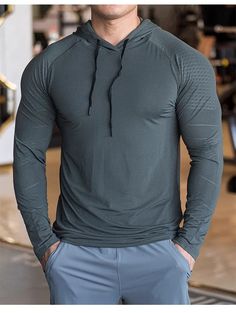 Long Sleeves Hooded Men's Breathable Fitness T Shirt - Men's Fitness Apparel, Men's Sports & Fitness T Shirts | Vivinch Gray Hoodie Sportswear Top, Gray Sporty Hoodie Top, Sporty Gray Hoodie Top, Green Athleisure Sweatshirt For Gym, Long Sleeve Stretch Hoodie For Training, Stretch Long Sleeve Hoodie For Training, Casual Hoodie Tops For Light Sports, Green Long Sleeve Hoodie For Gym, Stretch Gym Hoodie Top