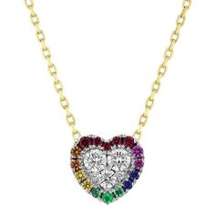 Frederic Sage Multicolored Sapphire & Diamond Cluster Heart Shaped Pendant in White & Yellow Gold | Borsheims Luxury Multicolor Necklaces For Anniversary, Elegant Multicolor Valentine's Day Jewelry, Yellow Gold Heart Cut Multi-stone Jewelry, Yellow Gold Multi-stone Jewelry For Valentine's Day, Heart Cut Multi-stone Yellow Gold Jewelry, Elegant Multicolor Heart Cut Jewelry, Multicolor Heart Cut Multi-stone Jewelry, Valentine's Day Yellow Gold Multi-stone Jewelry, Fine Multi-stone Jewelry For Valentine's Day