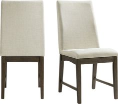 two chairs side by side, one is white and the other has brown wood legs