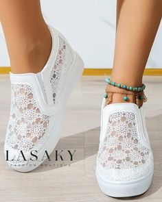 Lasaky - Elevated Wedding Bridal Sneakers with Hidden Wedge and Contrast Lace White Wedge Heel Sneakers For Summer, White Wedge Sneakers For Summer, White Wedge Sneakers For Spring, White Wedge Sneakers With Round Toe For Summer, Summer White Wedge Sneakers With Round Toe, White Wedge Heel Sneakers For Spring, Spring White Wedge Heel Sneakers, White Wedding Sneakers For Summer, White Slip-on Wedge Sneakers For Spring