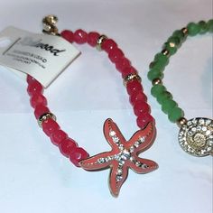 Stretch Beaded Bracelets. Selling Individually $15 Ea. Buy All 4 @ $45 Choice Of: Coral Red W/ Crystal Starfish & Dangling Gold Seahorse Charm Green W/ Crystal Seashell Turquoise/Aqua Blue W/ Crystal Starfish White Pearl Beads W/Gold Beads & Clamshell From My Salon Boutique, A Non-Smoking Environment. Tags: Ocean, Cruise Ship, Beach, Underwater, Sea, Marina, Fossil, Mussels, Seafood, Vacation Beaded, Charms, Rhinestone Crystals, High-End Costume Jewelry Beach Underwater, Stretch Beaded Bracelets, Crystal Seashells, Beaded Charms, Ocean Cruise, Underwater Sea, Feather Bracelet, Blue Beaded Bracelets, Metal Cuff Bracelet