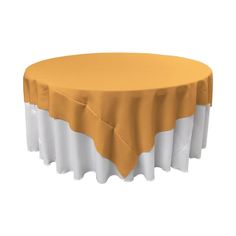 an image of a round table with yellow and white linens on the top,