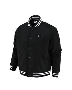 Elevate your sportswear style with the Nike Sportswear Authentics Varsity Jacket in Black. This jacket features a solid pattern with long sleeves and a loose fit, providing both comfort and style. It is made with 65% Wool and 35% Polyester for warmth during the Winter, Fall and Spring seasons. The Nike Sportswear Authentics Varsity Jacket has a button closure and pockets for added functionality. It's perfect for walking, school, basketball or any athleisure activity. This Men's Small jacket is n Varsity Jacket Black, Small Jacket, School Basketball, Solid Pattern, Black Wool, Nike Sportswear, Athleisure, Black Men, Varsity Jacket