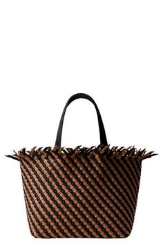 A woven construction and roomy interior bring signature appeal to a boho-inspired tote featuring an unfinished topline. Magnetic-snap closure Top carry handles Removable zip pouch Unlined Synthetic Imported Chic Woven Leather Top Handle Beach Bag, Woven Leather Double Handle Beach Bag, Double Handle Woven Leather Beach Bag, Brown Woven Leather Hobo Bag For Vacation, Top Handle Open Weave Shoulder Bag For Shopping, Summer Brown Bucket Bag With Intrecciato Weave, Woven Top Handle Beach Bag, Woven Top Handle Beach Bag For Shopping, Vacation Bucket Bag Tote With Intrecciato Weave