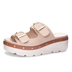 PRICES MAY VARY. Perfect slide for both the city and the beach Platform wedge Dual straps with oversized buckles Ultra comfortable footbed 2.5" Heel | 1.5" Platform Slip on the SURFS UP! Great for the pool, the beach or work! These double strap platform sandals are cute and comfortable for all day wear. Beige Sandals, Side Stitch, Surfs Up, Chinese Laundry, Synthetic Rubber, Platform Sandals, Mens Tees, Wedge Sandals, Ring Earrings