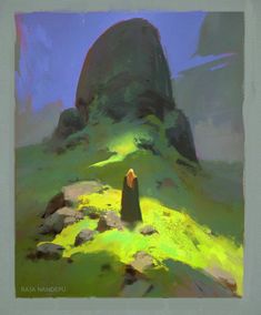 a painting of a woman standing on top of a green hill next to a large rock