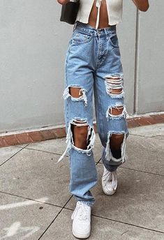 Ripped Distressed Baggy Denim Jeans Ripped High Waist Boyfriend Jeans - AnotherChill Celana Fashion, Ripped Jeans Women, Moda Denim, Jean Large, Moda Jeans, Boyfriend Jean, Loose Fit Jeans, Destroyed Jeans, Loose Jeans