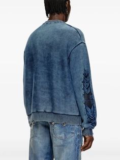 Diesel Faded Effect Knitted Jumper - Blue | Editorialist Distressed Crew Neck Sweater For Winter, Winter Distressed Crew Neck Sweater, Distressed Crew Neck Sweater For Fall, Fall Distressed Crew Neck Sweater, Casual Long Sleeve Distressed Sweater, Distressed Crew Neck Winter Top, Blue Distressed Crew Neck Sweatshirt, Distressed Crew Neck Tops For Winter, Casual Distressed Crew Neck Sweater