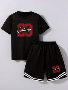 2pcs/Set Tween Boy Sportswear Basketball Jersey & Letter Print T-Shirt And Shorts Set, Summer Black Casual  Short Sleeve Polyester,Knitted Fabric Geometric,Letter  Medium Stretch  Tween Boys Clothing, size features are:Bust: ,Length: ,Sleeve Length: Sports Short Sleeve Sportswear Set, Sportswear Sets With Short Sleeve For Sports, Sports Sets With Short Sleeve Sportswear, Short Sleeve Sports Set, Short Sleeve Sports Sets, Sporty Short Sleeve Sports Sets, Sporty Short Sleeve Moisture-wicking Sets, Sporty Moisture-wicking Short Sleeve Sets, Sports Sets With Graphic Print And Short Sleeves