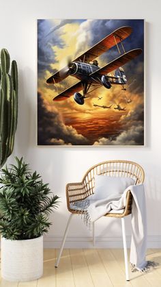 an airplane is flying in the sky with clouds above it and a chair next to it