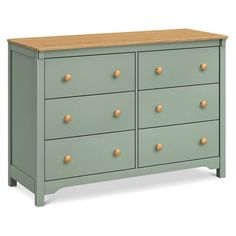 a green dresser with gold knobs on the top and bottom drawers, against a white background