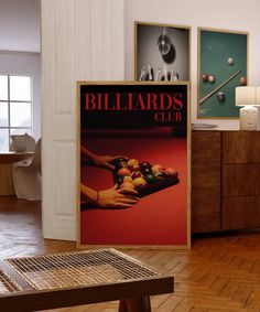 a billiards club sign in the corner of a room