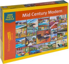 the puzzle box is filled with pictures of different houses and buildings, including one that reads mid century modern