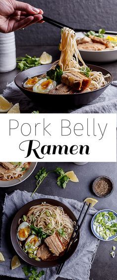 the cover of pork belly ramen is shown with noodles and vegetables in bowls on the table