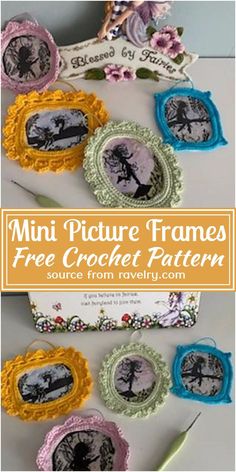 a group of pictures with the words mini picture frames free crochet pattern on them