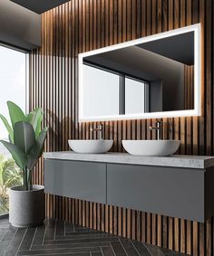 a bathroom with two sinks and a large mirror on the wall next to a potted plant