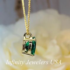 "The pendant pictured is lab created emerald #6259 Shown in 14k white gold and 14k yellow gold -Approximate total carat weight: approx. 2.10ctw diamond equivalent -Center Stone Size: 9x7mm - approx. 2.10ct diamond equivalent -Center Stone Shape: oval -Gem Type: lab created emerald -Stone Clarity: VS2 -Stone Color: green -Moh's Scale: 8.5 hardness -Metal Type and Purity: 14k yellow gold -Setting: 4 prong basket head -Chain: delicate 14k gold chain / heavier option with lobster claw available (use Diamond Cut Necklace For Anniversary - May Birthstone, Diamond Cut Necklace For Anniversary, May Birthstone, Diamond Cut Necklaces For Anniversary, May Birthstone, Diamond Cut Necklace For Anniversary With May Birthstone, Green Diamond Cut Necklace For Anniversary, Anniversary Green Diamond Cut Necklace, Gold Emerald Necklace With Diamonds For May Birthstone, Gift Emerald Diamond Necklace, Gift Emerald Necklace With Diamonds