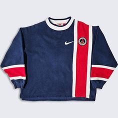 Vintage Psg Jersey, Retro Red Top With Ribbed Cuffs, Oversized Long Sleeve Throwback Tops, Retro Long Sleeve Navy Top, Navy Retro Long Sleeve Top, Navy Long Sleeve Retro Tops, Throwback Blue Crew Neck Top, Blue Throwback Crew Neck Top, Blue Crew Neck Throwback Top