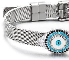 Features: Women Evil Eye Bracelet, Grid Mesh Bangle, Buckle Clasp Metal: Alloy; Material: Enamel Stone: Cubic Zirconia Finishing: Polished Dimension: Length Adjustable from 15-19.5CM(5.91-7.68"); Chain Width: 0.8CM(0.31") ; Weight: 14.6g Package: Jewelry Box with Brand Name COOLSTEELANDBEYOND Item Condition: New Package Jewelry, Eye Bracelet, Evil Eye Bracelet, Evil Eye, Jewelry Box, Cubic Zirconia, Bangles, Buckle, Mesh