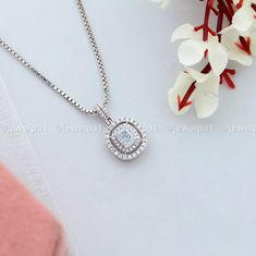 Moissanite Double Halo Wedding Pendant Solid 14K White Gold 😂 Chain Diamond, Color Lab, Double Halo, Blue Cushions, Icy Blue, Platinum Metal, Radiant Cut