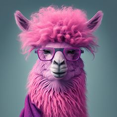 an alpaca with pink hair and glasses on it's head wearing a purple shirt