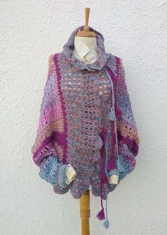 Purple Pink Blue Handknit Unlined Cardigan Coat, Two Closure Colorful Handmade Sweater, Boho Chic Oriental Coat, Winter Witch Cardigan by Papicca on Etsy Handmade Multicolor Winter Poncho, Multicolor Shawl Cardigan For Winter, One Size Multicolor Knit Outerwear, Winter Crochet Long Sleeve Poncho, Bohemian Multicolor Knit Outerwear, Pink Bohemian Crochet Outerwear, Multicolor Shawl For Winter, Winter Crochet Poncho With Long Sleeves, Handmade Purple Winter Cardigan