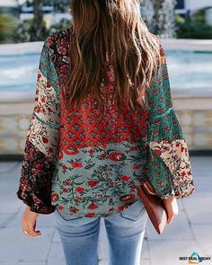 Women's Bohemian Print Casual Lantern Sleeve Blouses Fall Patchwork V-neck Blouse, Multicolor V-neck Peasant Top For Fall, Bohemian V-neck Top With Boho Print, Bohemian Patchwork Blouse For The Beach, Fall Bohemian V-neck Blouse, Bohemian Patchwork Blouse For Vacation, Multicolor V-neck Peasant Top For Festival, Bohemian V-neck Printed Blouse, Bohemian V-neck Blouse With Boho Print