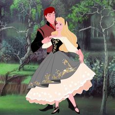 a man and woman dressed as disney princesses dancing in front of a wooded area