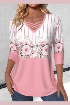 ROTITA Criss Cross Floral Print Pink V Neck T Shirt White Patchwork Tops For Spring, Multicolor Long Sleeve Top With Floral Patchwork, Multicolor Floral Patchwork Long Sleeve Top, Spring V-neck Patchwork Tops, Spring Patchwork V-neck Tops, White Spliced V-neck Tops, Multicolor Spliced Tops For Spring, Pink V-neck Patchwork Top, Pink Long Sleeve Tops With Floral Patchwork