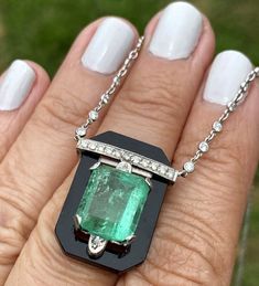 Platinum 14k White Gold 5c Emerald Diamond Onyx Art Deco Vintage Necklace Art Deco Pendant Necklace, Art Deco Jewelry Vintage, Art Deco Pendant, Deco Vintage, Emerald Cut Diamonds, Art Deco Jewelry, Diamond Art, Emerald Diamond, Diamond Pendant