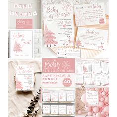 pink and white christmas themed baby shower party with snowflakes, cards, envelopes and other items