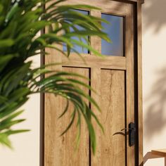 a close up of a door with a plant in the foreground