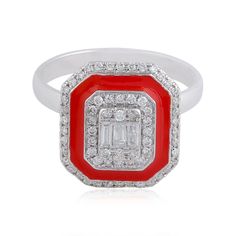 14k White Gold 0.60 Ct. Si Clarity Hi Color Diamond Ring Red Enamel Fine Jewelry Luxury Red Diamond Ring With Polished Finish, Luxury Red Rings With Diamond Accents, Formal Red Diamond Ring With Polished Finish, Red Diamond Ring With Vvs Clarity, Classic Red Jewelry With Halo Design, Red Emerald Cut Diamond Rings, Luxury Red Rings With Halo Design, Red Diamond Ring With Accents, Round Cut, Fine Jewelry Diamond Enamel Ring With Brilliant Cut