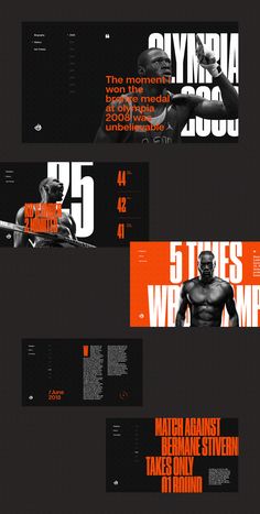 four different types of black and orange typefaces, each with an image of a man