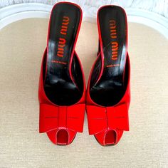 Miu Miu High Heels Mules With A Gorgeous Red Bow. They Have Been Worn Several Times And Have Protected Soles. I Love To Take Care Of All My Shoes! I Am Cleaning Out My Closet And I Have A Lot Of Shoes I Simply Do Not Wear Anymore. High Heel Mules, Miu Miu Shoes, My Shoes, Prada Shoes, Red Bow, Miu Miu, Heeled Mules, Take Care, Me Too Shoes