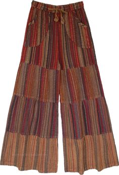 A pair of brown-toned cotton wide-leg pants is the summer essential for the year.  With a drawstring waist, these pants ensure absolute comfort. #tlb #SplitSkirtsPants #WideLegCulottes #Patchwork #Striped #BohemianPants Brown Cotton Harem Pants For Fall, Hippie Brown Bottoms For Fall, Wide Leg Summer Pants Outfit, Brown Full Length Wide Leg Pants With Elastic Waistband, Brown Full-length Pants For Summer, Brown Full-length Summer Pants, Brown Full Length Summer Pants, Brown Wide Leg Cotton Bottoms, Brown Wide Leg Hippie Bottoms