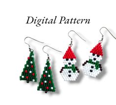 three christmas themed beaded earrings with the words digital pattern on it and an image of a