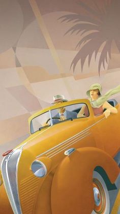 an old yellow car driving down the road with two people in it and palm trees